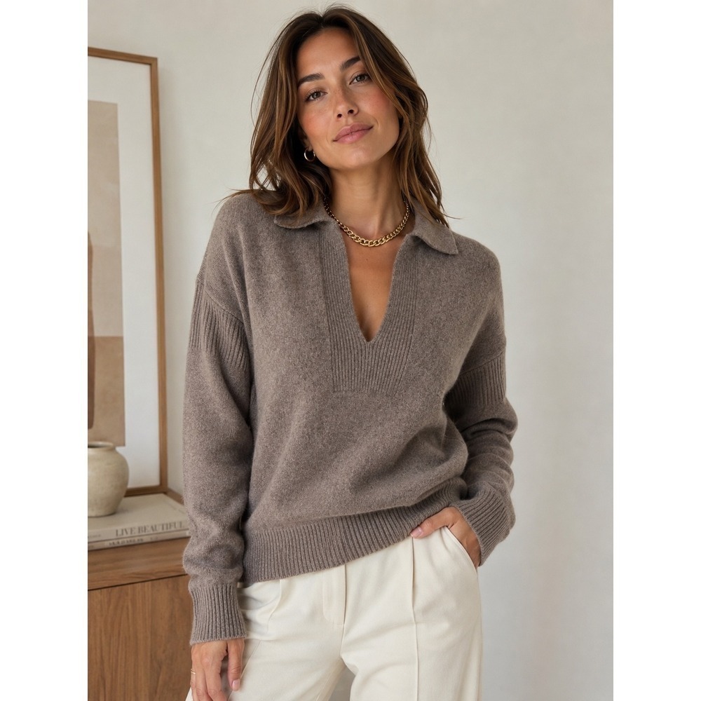 B41 Naadam Cashmere Polo Sweater XS Taupe Brown V Neck Relaxed Cozy Knit